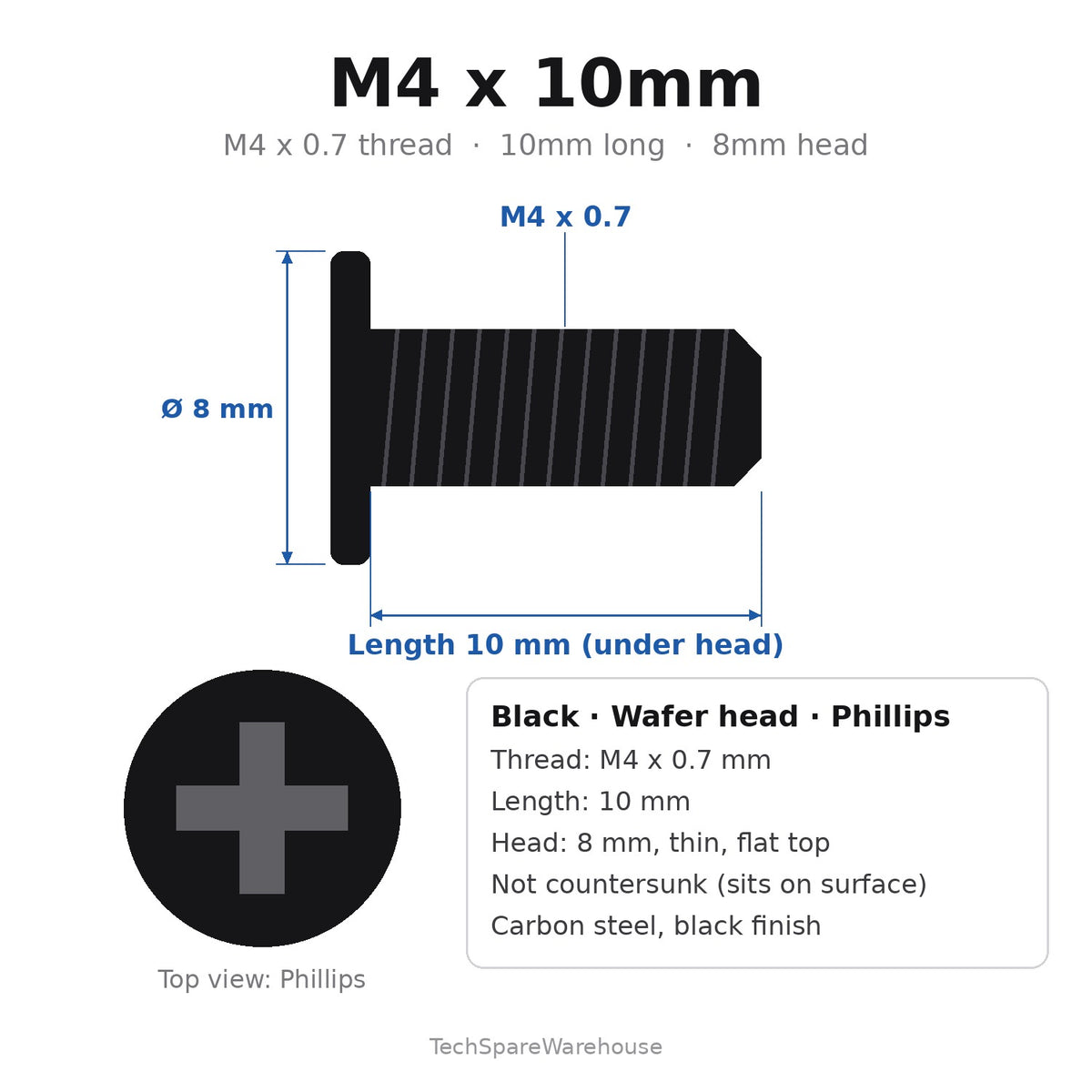 M4 x 10mm Black Wafer Head Phillips Machine Screws (8mm Thin Flat Head) for Monitor VESA Brackets & PC Cases