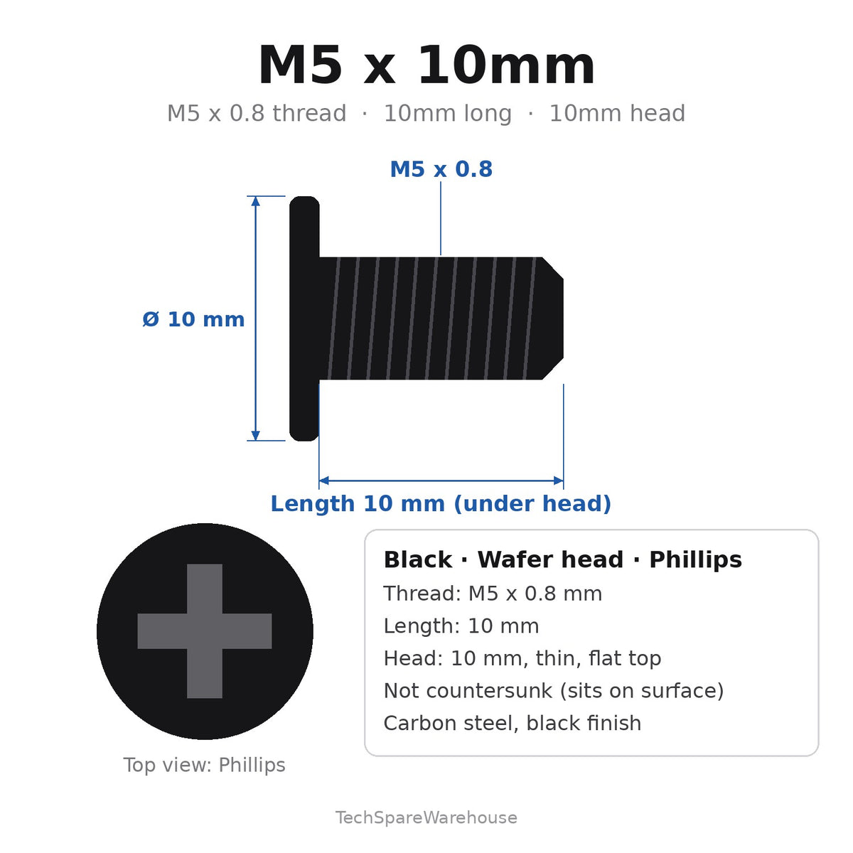 M5 x 10mm Black Wafer Head Phillips Machine Screws (10mm Thin Flat Head) for TV Brackets & PC Cases