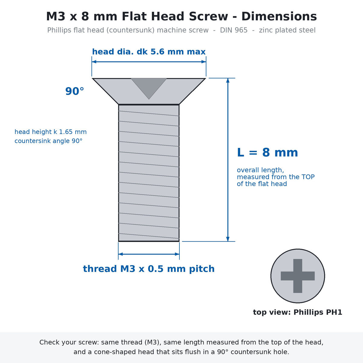 M3 x 8mm Phillips Flat Head Countersunk Machine Screws Zinc Silver 100-Pack for RC & 3D Printers