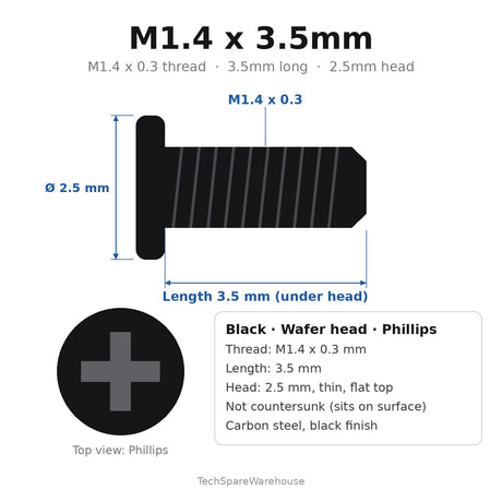 M1.4 x 3.5mm Black Wafer Head Phillips Machine Screws (2.5mm Thin Flat Head) for Phone, Tablet & Micro Electronics