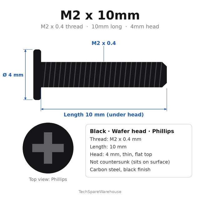 M2 x 10mm Black Wafer Head Phillips Machine Screws (4mm Thin Flat Head) for Laptop, RC, Drone & Electronics