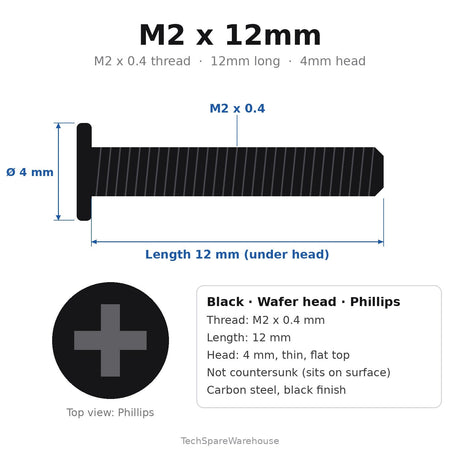 M2 x 12mm Black Wafer Head Battery, Bezel & LCD Screws for Lenovo ThinkPad P53 – 12-Pack Replacement