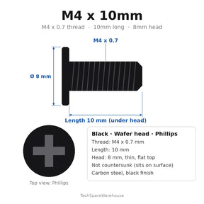 M4 x 10mm Black Wafer Head Phillips Machine Screws (8mm Thin Flat Head) for Monitor VESA Brackets & PC Cases