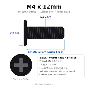 M4 x 12mm Black Wafer Head Phillips Machine Screws (8mm Thin Flat Head) for Monitor VESA Brackets & PC Cases