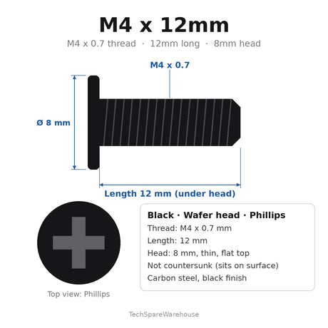 M4 x 12mm Black Wafer Head Phillips Machine Screws (8mm Thin Flat Head) for Monitor VESA Brackets & PC Cases