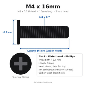M4 x 16mm Black Wafer Head Phillips Machine Screws (8mm Thin Flat Head) for Monitor VESA Brackets & PC Cases