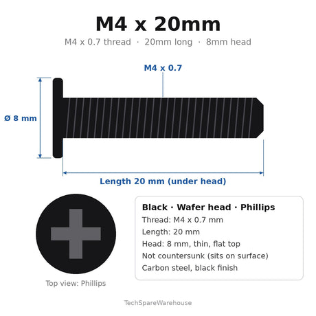 M4 x 20mm Black Wafer Head Pan Screw Screws for Honda Accord 1980-1989 & Civic 1978-1979 (93500-04020) – 10-Pack Replacement