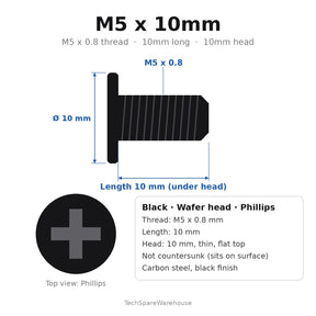 M5 x 10mm Black Wafer Head Phillips Machine Screws (10mm Thin Flat Head) for TV Brackets & PC Cases