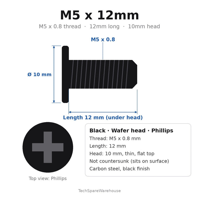 M5 x 12mm Black Wafer Head Treadmill Power Plate Screws for Smooth Fitness 6.25 Treadmill (items 28 & 30) – 10-Pack Replacement