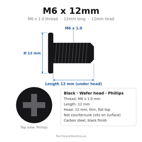 M6 x 12mm Black Wafer Head Phillips Machine Screws (12mm Thin Flat Head) for TV Back Panels & Shelving