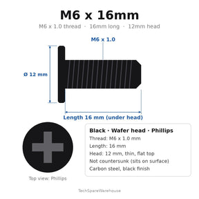 M6 x 16mm Black Wafer Head Body Screw Screws for Genuine Scooter Buddy, Blur, Black Cat, Rattler & RoughHouse (90040601600) – 10-Pack Replacement