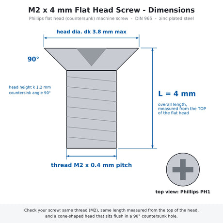 M2 x 4mm Phillips Flat Head Countersunk Machine Screws Zinc Silver 10-Pack for Electronics & RC