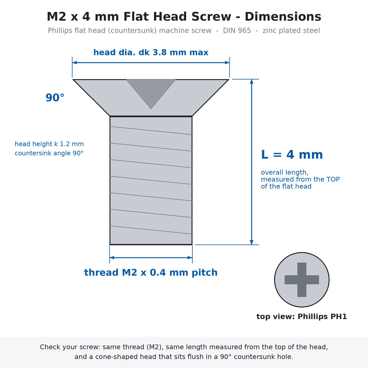 M2 x 4mm Phillips Flat Head Countersunk Machine Screws Zinc Silver 100-Pack for Electronics & RC