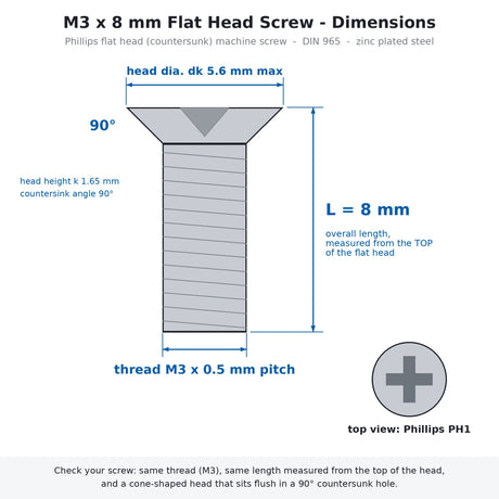 M3 x 8mm Phillips Flat Head Countersunk Machine Screws Zinc Silver 10-Pack for RC & 3D Printers